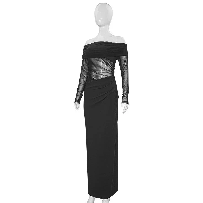 Off shoulder long sleeve mesh maxi dress - Image 3