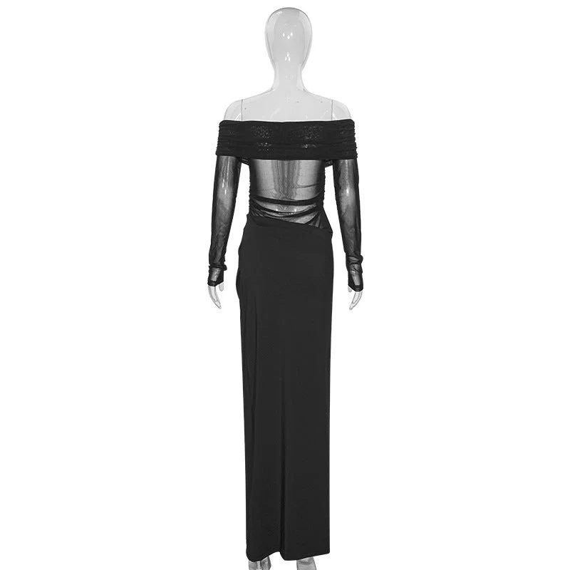 Off shoulder long sleeve mesh maxi dress - Image 4