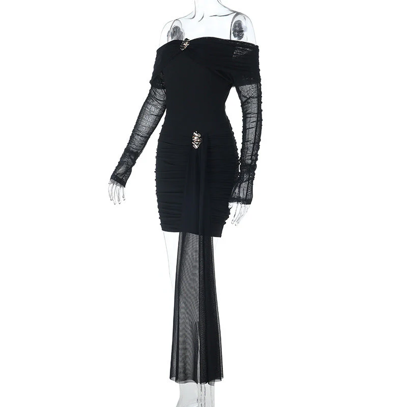 Off shoulder long sleeve mesh ruched mini dress - Image 3