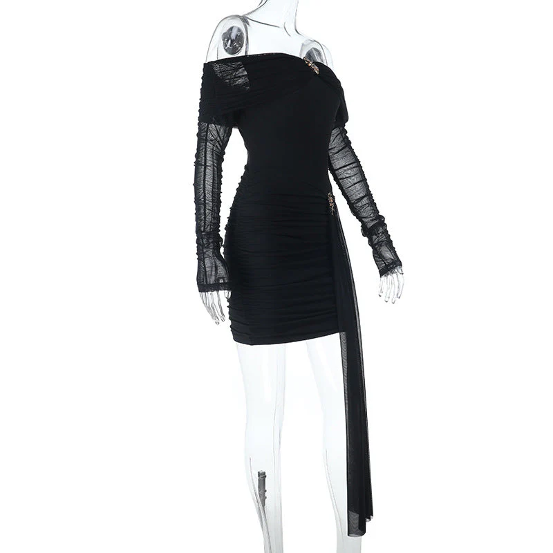 Off shoulder long sleeve mesh ruched mini dress - Image 4