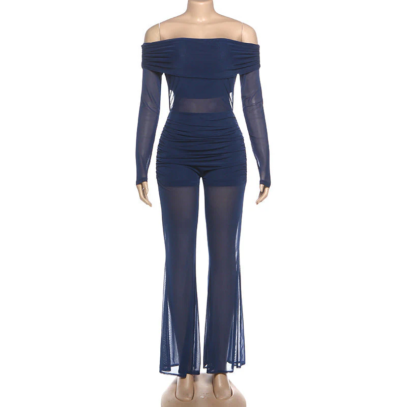 Off shoulder long sleeve ruched mesh jumpsuit - Image 2