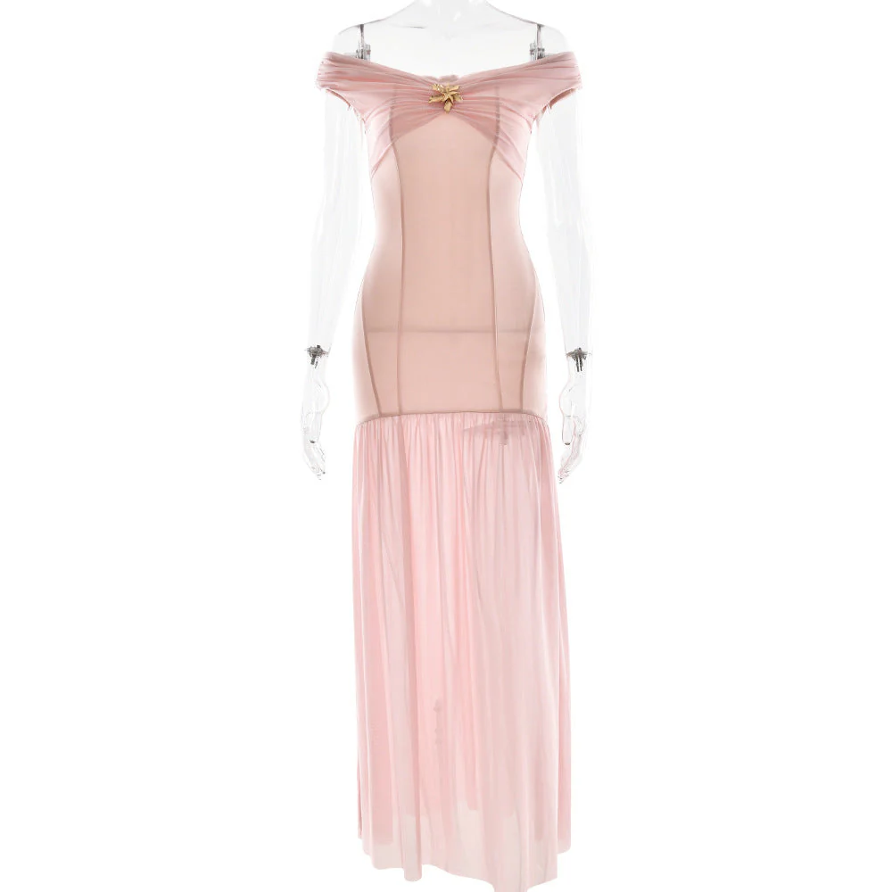 Off shoulder mesh metal applique maxi dress - Image 3