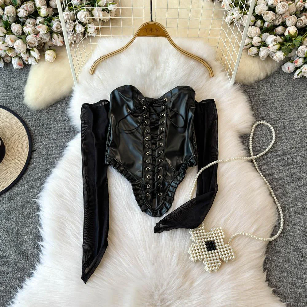 Off shoulder PU leather lace up smocked top - Image 2