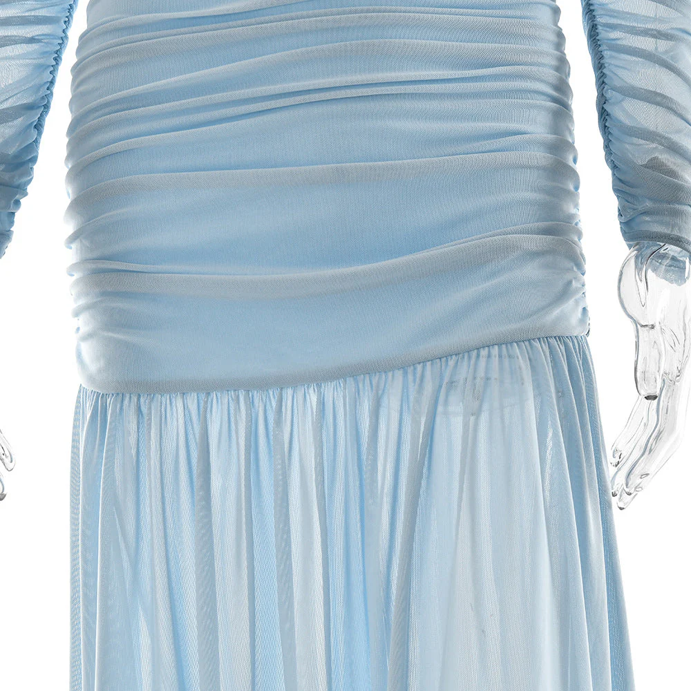 Off shoulder ruched long sleeve mesh zip-up maxi dress - Image 6