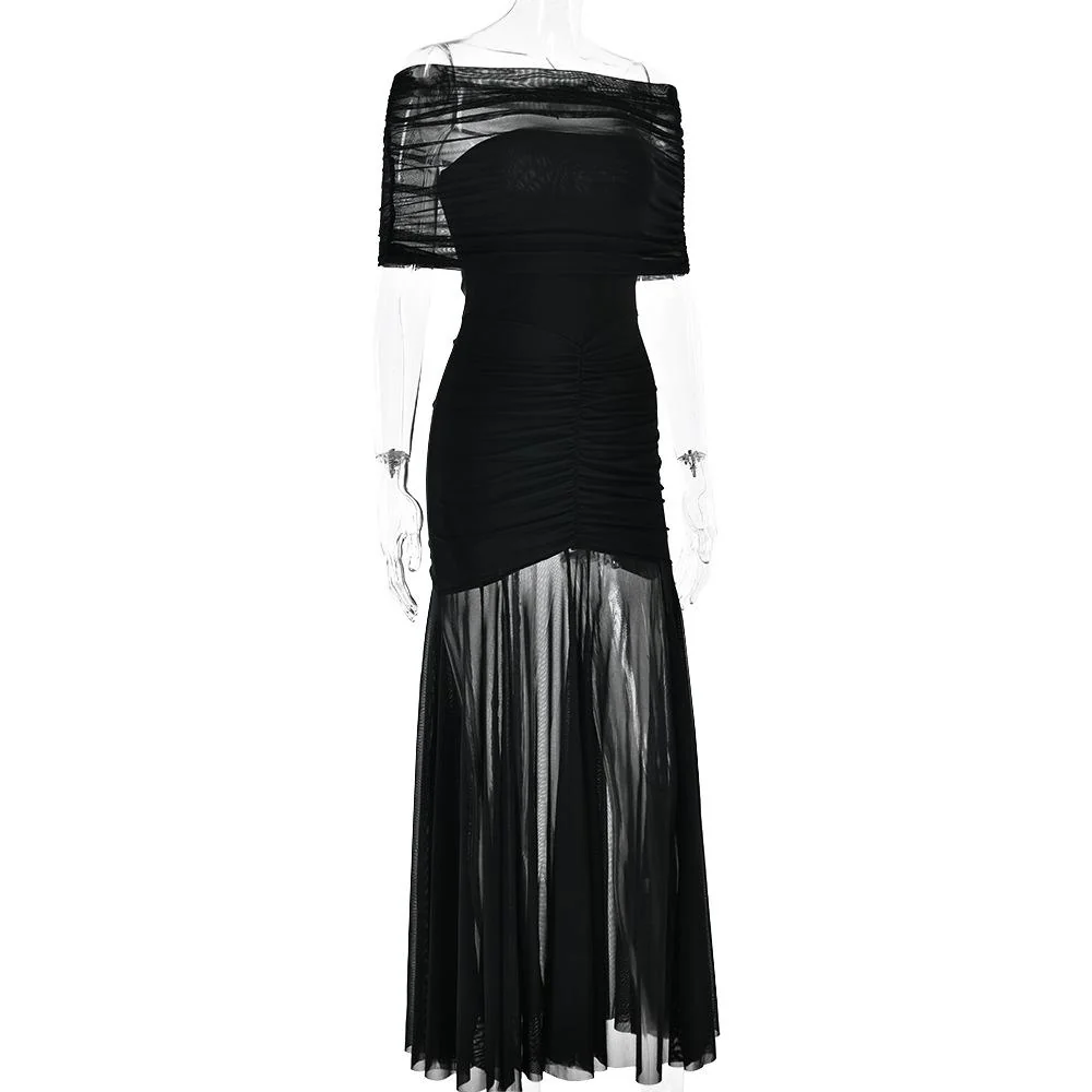 Off shoulder ruched mesh patchwork solid maxi dress - Image 4