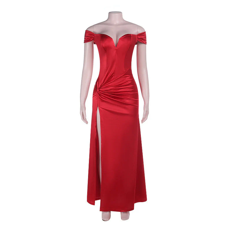 Off shoulder ruched slit irregular zip-up maxi dress - Image 3