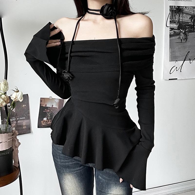 Off shoulder ruffle flower applique long flared sleeve ruched top - Image 2