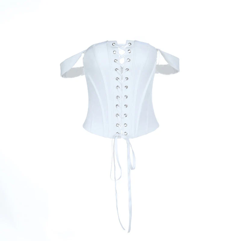 Off shoulder self tie button corset tube top