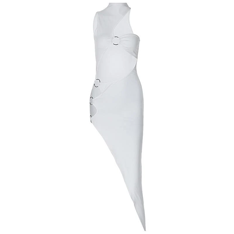 One shoulder high neck o ring irregular midi dress
