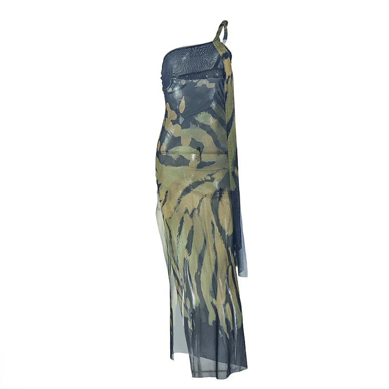 One shoulder high slit mesh maxi dress