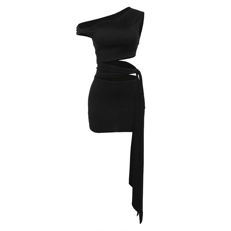 One shoulder hollow out solid mini dress