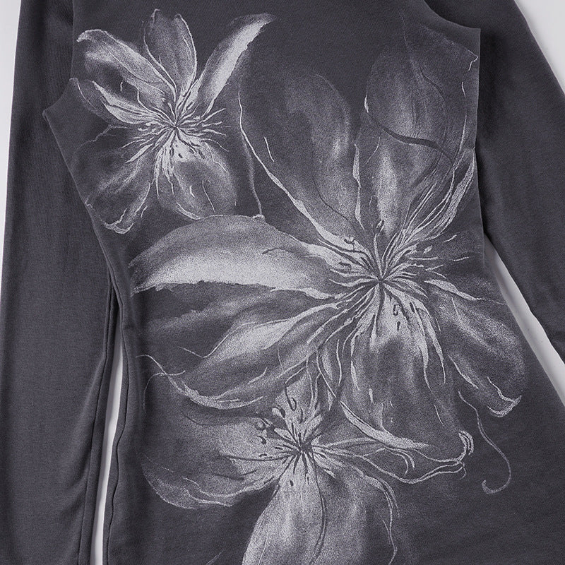 One shoulder long irregular sleeve flower print top - Image 6