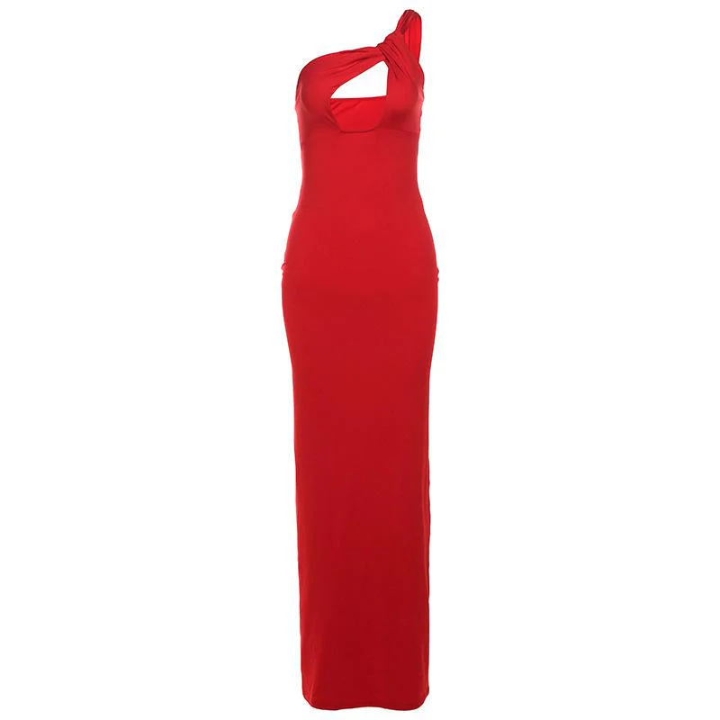 One shoulder ruched hollow out solid cami maxi dress - Image 2