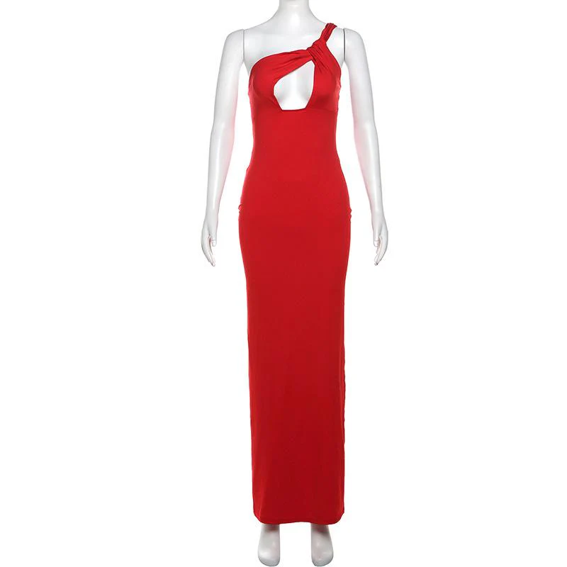 One shoulder ruched hollow out solid cami maxi dress - Image 3