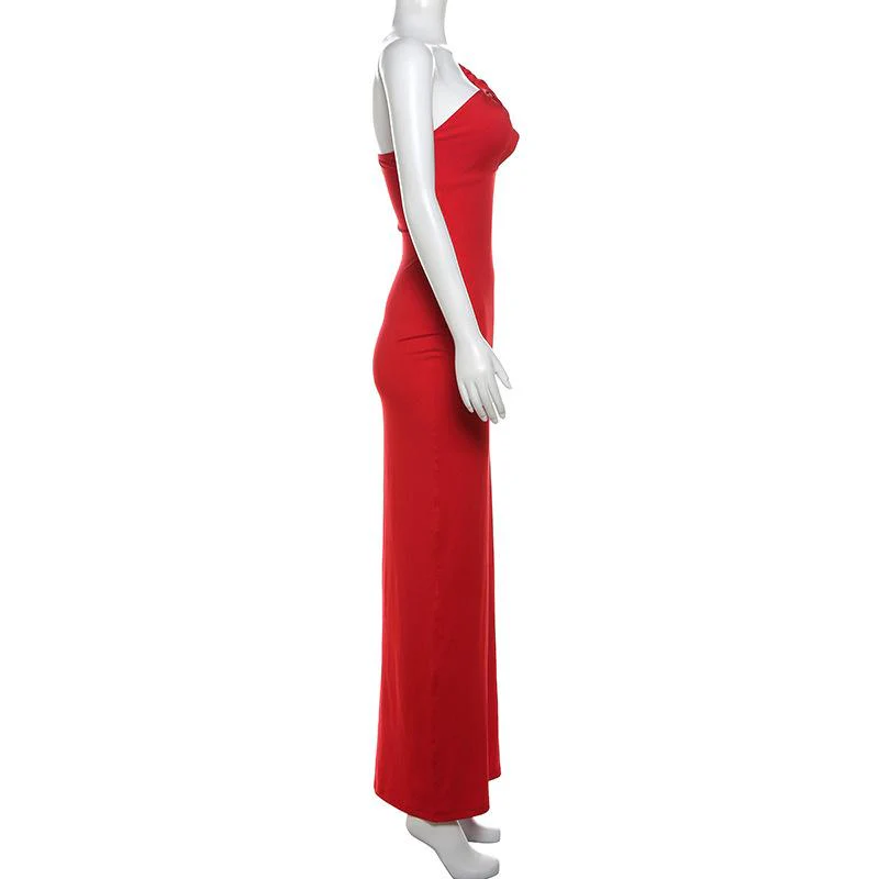 One shoulder ruched hollow out solid cami maxi dress - Image 4