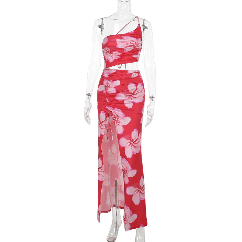 One shoulder ruched slit flower print maxi dress - Image 2