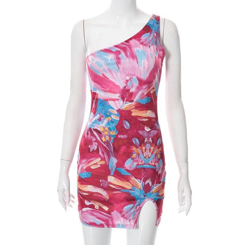 One shoulder sleeveless print slit dress y2k 90s Revival Techno Fashion - Image 2