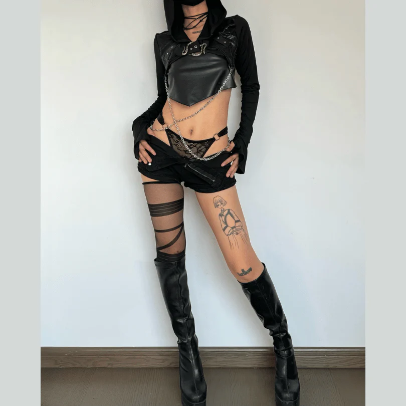Patchwork metal chain buckle hoodie long sleeve crop top - Image 2
