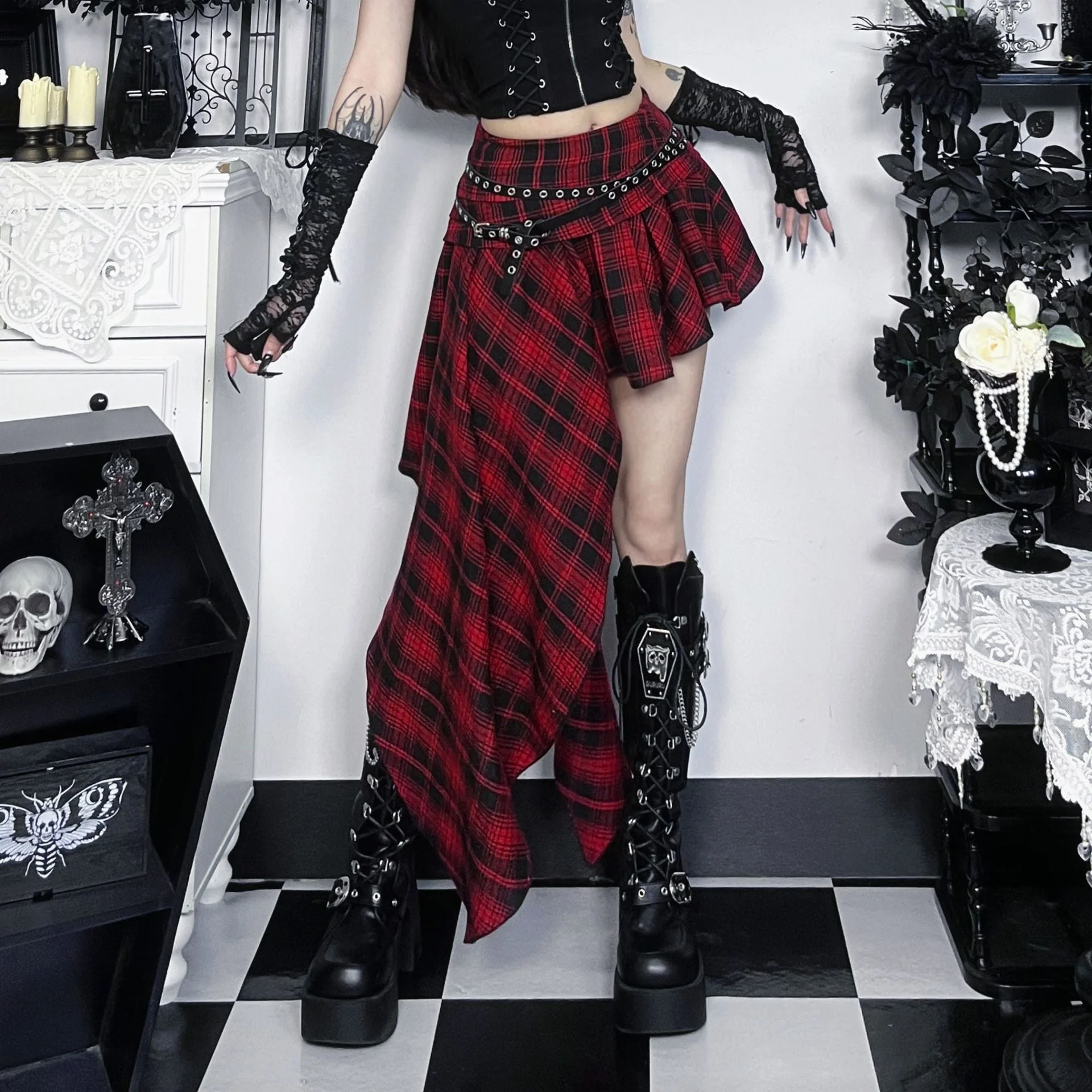 Plaid irregular A line contrast mini skirt