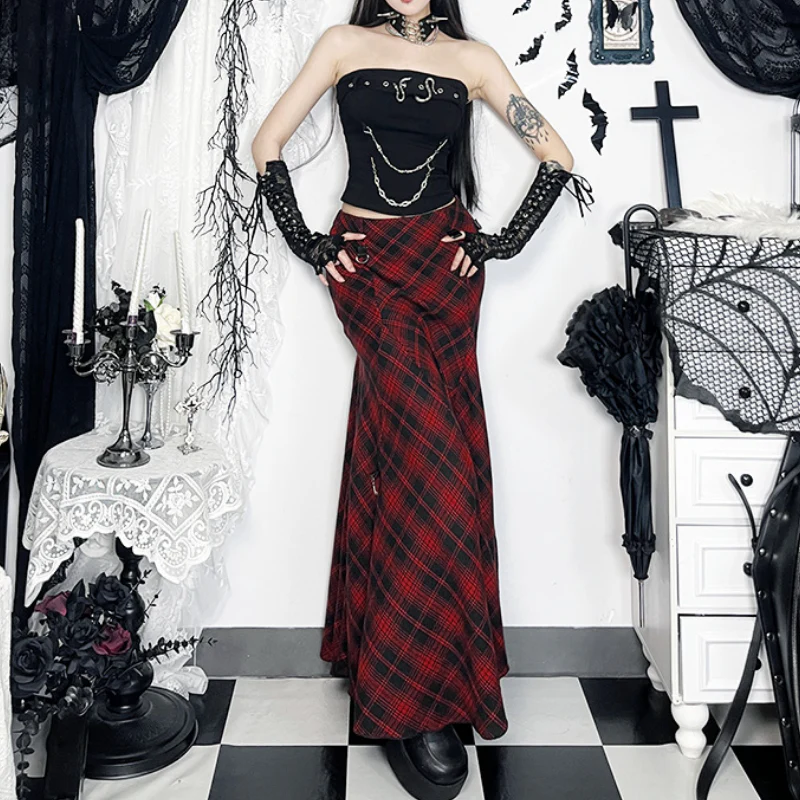 Plaid irregular buckle contrast maxi skirt - Image 4