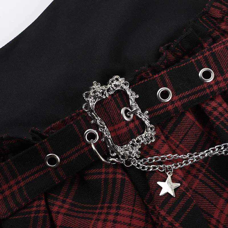 Plaid irregular lace hem metal chain mini skirt - Image 6