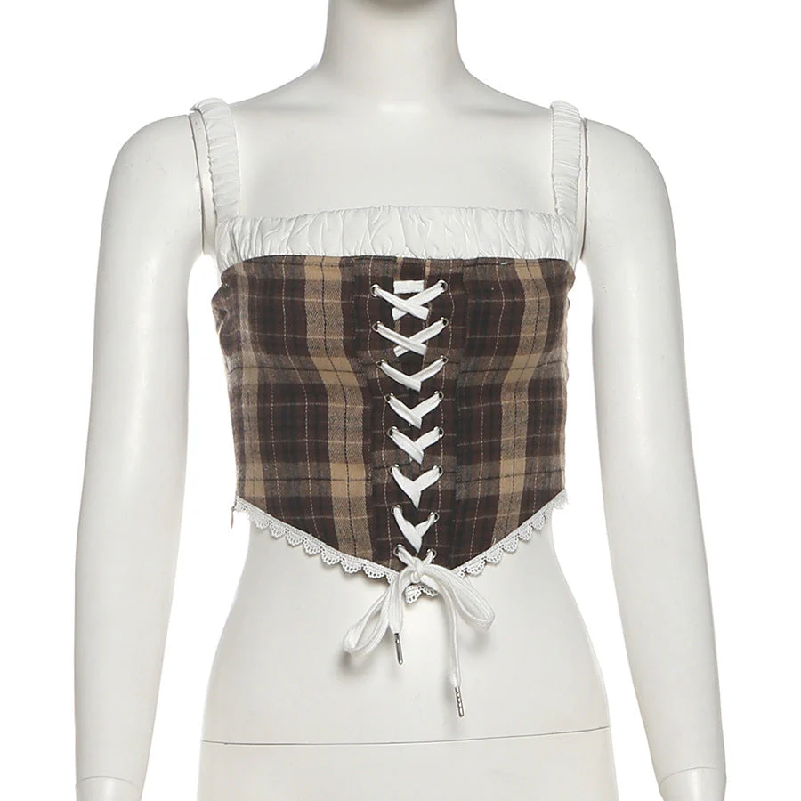 Plaid lace up zip-up cami top - Image 2