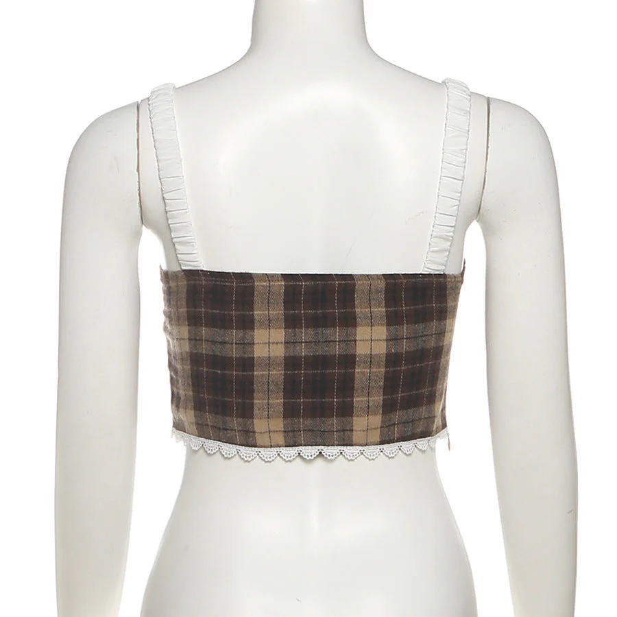 Plaid lace up zip-up cami top - Image 4