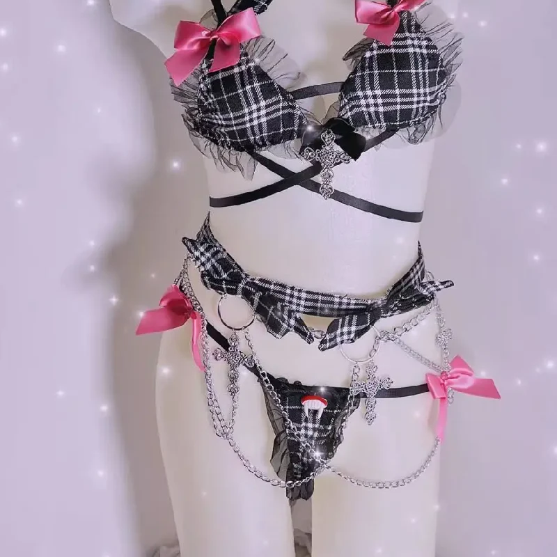 Plaid print bowknot metal chain short pant set - Image 3