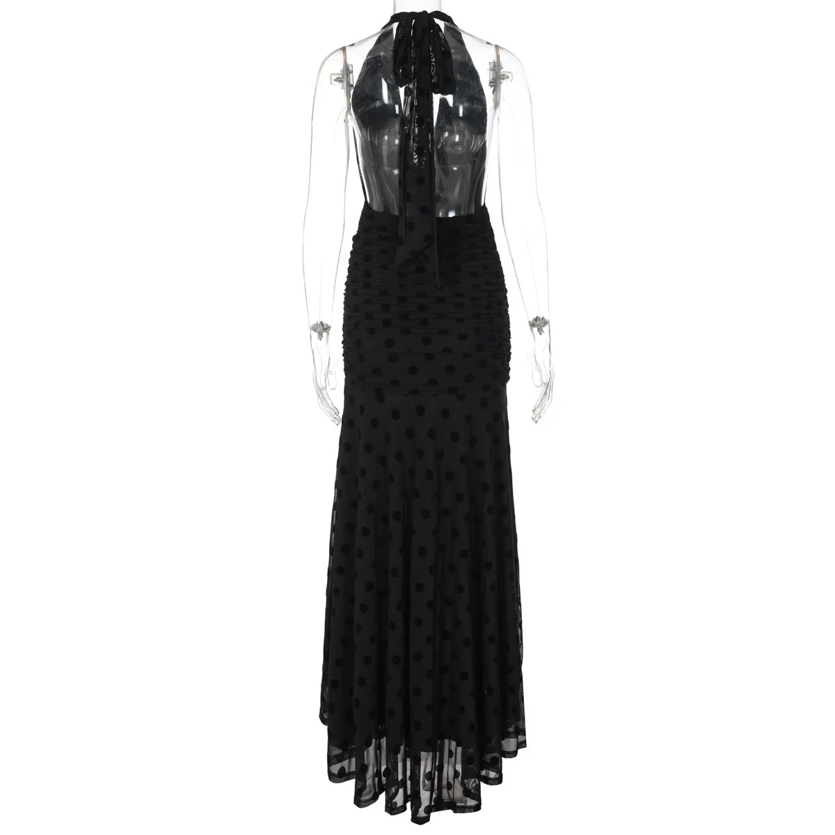 Polka dot deep v neck halter self tie ruched maxi dress - Image 4