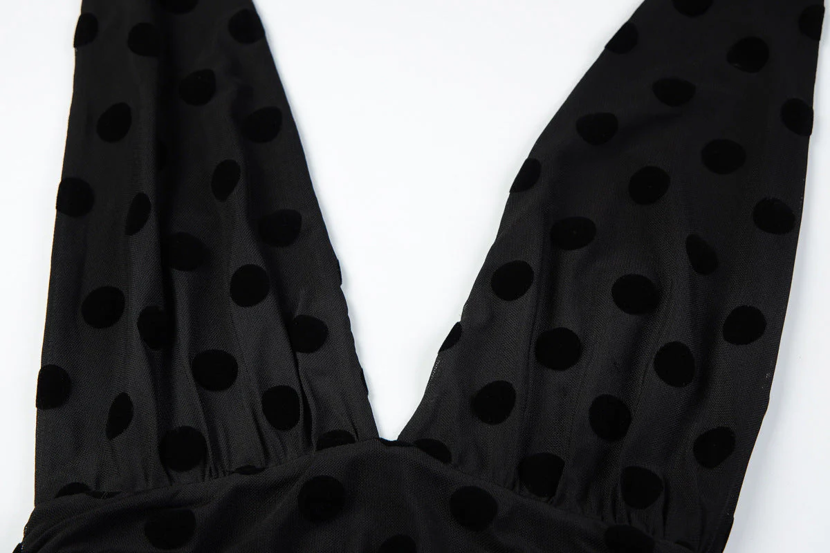 Polka dot deep v neck halter self tie ruched maxi dress - Image 5