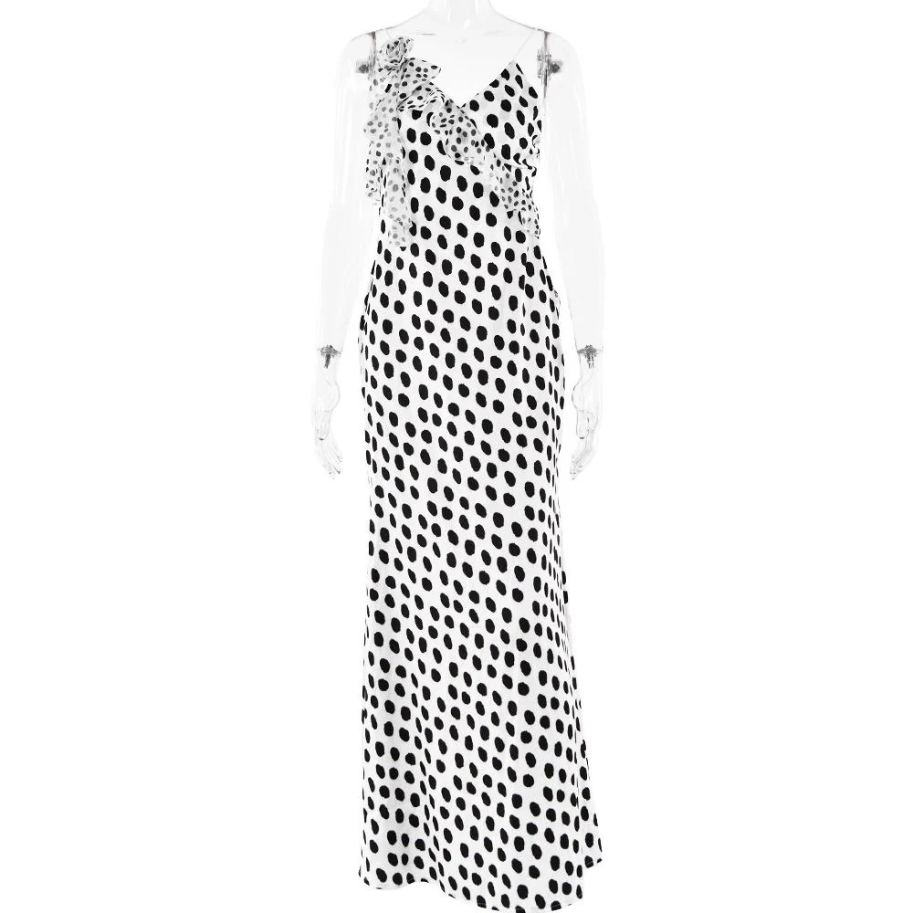Polka dot flower applique ruffle cami maxi dress - Image 2