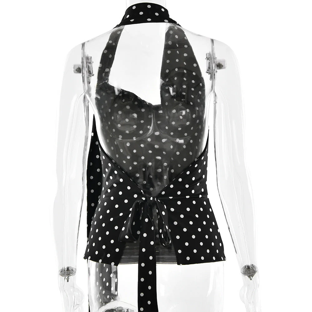 Polka dot halter buckle backless top - Image 4