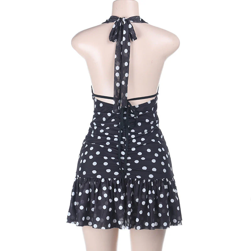 Polka dot halter ruched v neck self tie mini dress - Image 4
