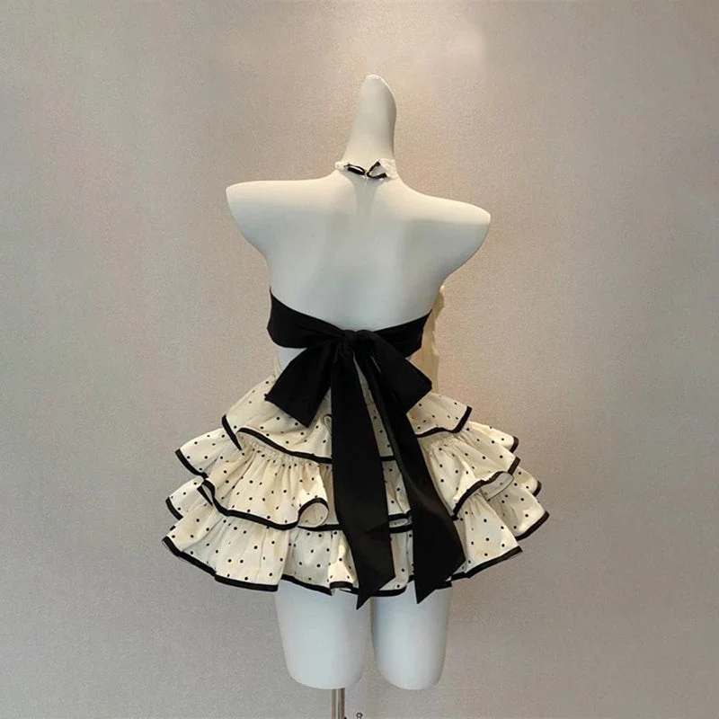 Polka dot halter ruffle bowknot backless mini dress - Image 2