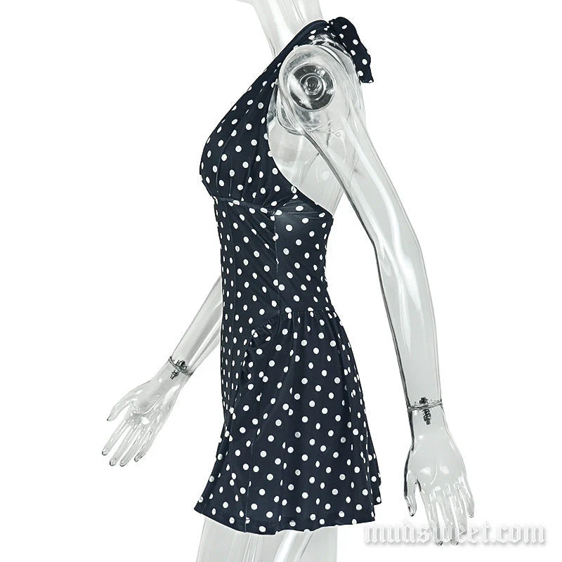 Polka dot halter self tie deep v neck mini dress - Image 4