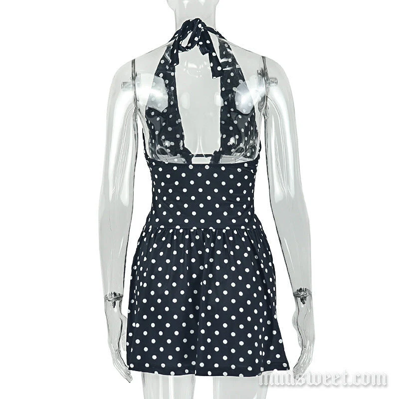 Polka dot halter self tie deep v neck mini dress - Image 5