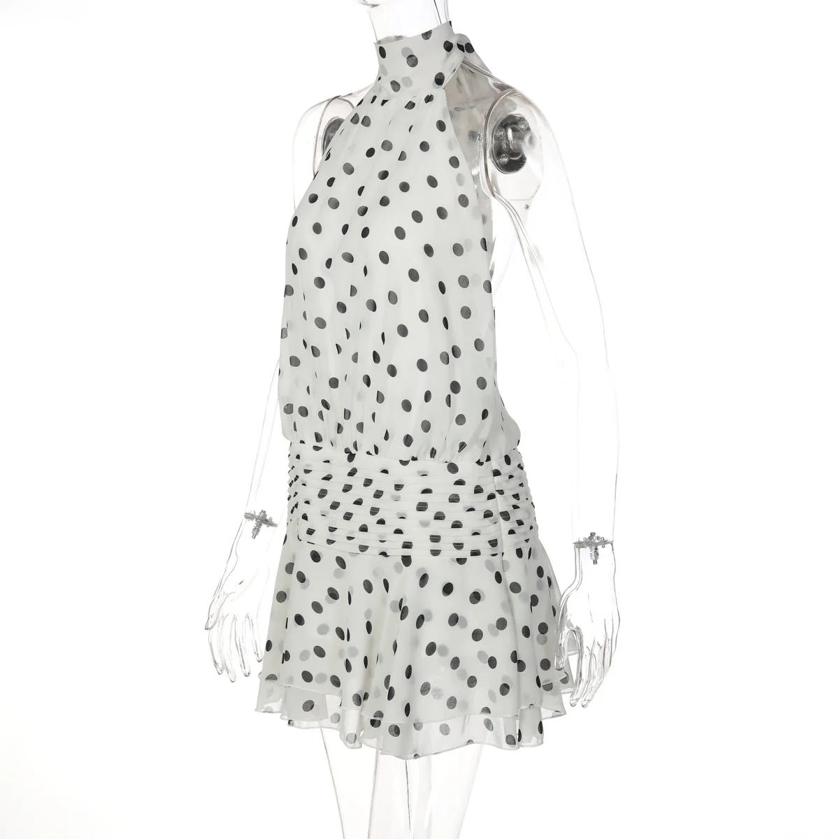 Polka dot halter self tie pleated backless mini dress - Image 3