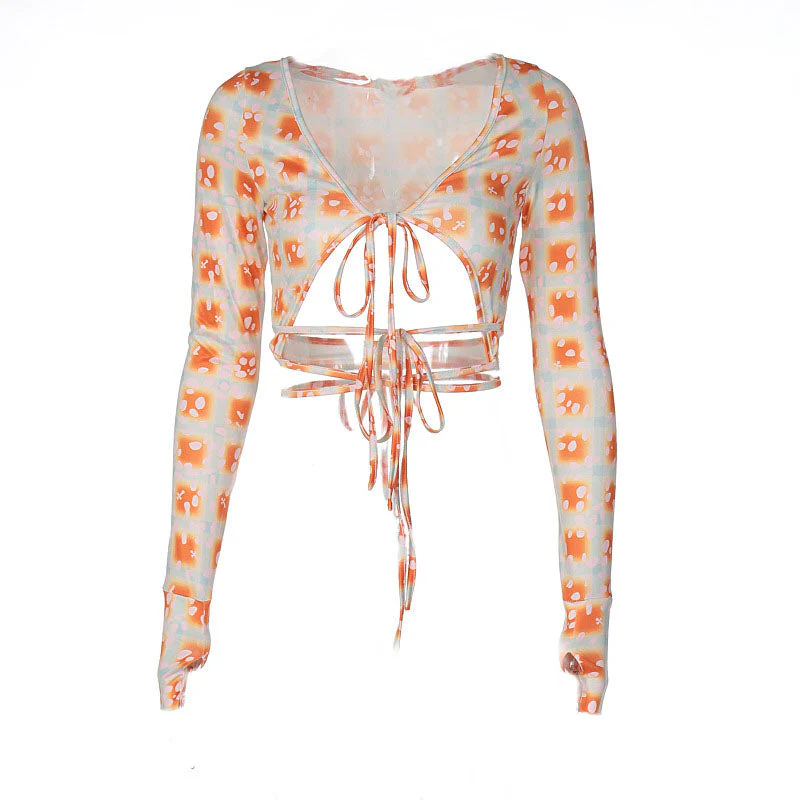 Polka dot print contrast hollow out self tie gloves long sleeve crop top y2k 90s Revival Techno Fashion