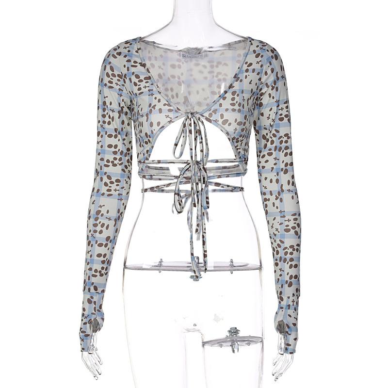 Polka dot print contrast hollow out self tie gloves long sleeve crop top y2k 90s Revival Techno Fashion - Image 3