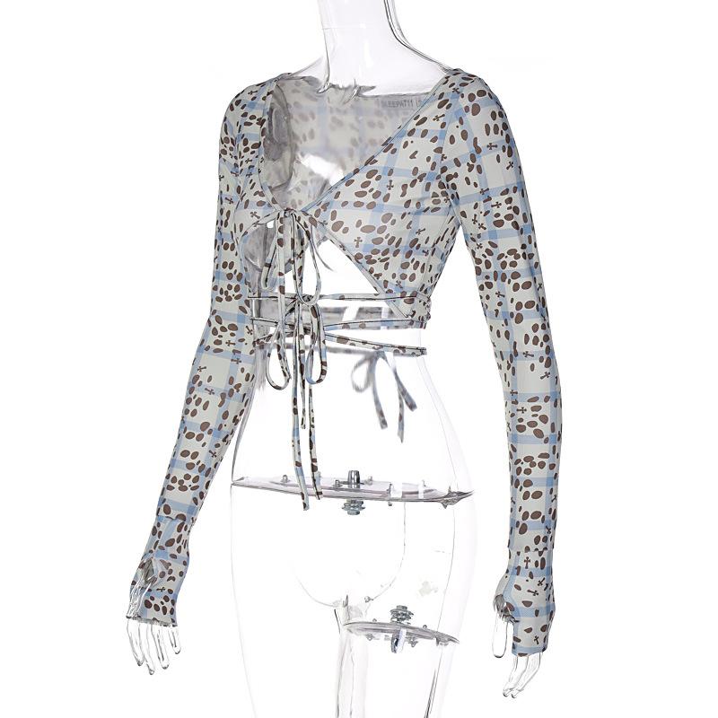 Polka dot print contrast hollow out self tie gloves long sleeve crop top y2k 90s Revival Techno Fashion - Image 4