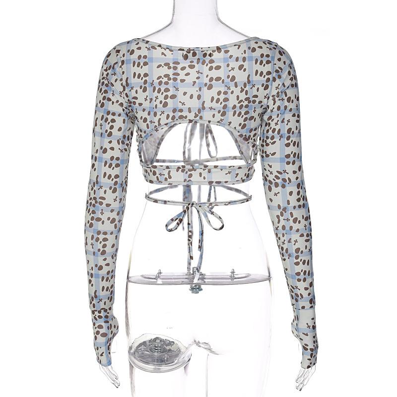 Polka dot print contrast hollow out self tie gloves long sleeve crop top y2k 90s Revival Techno Fashion - Image 5