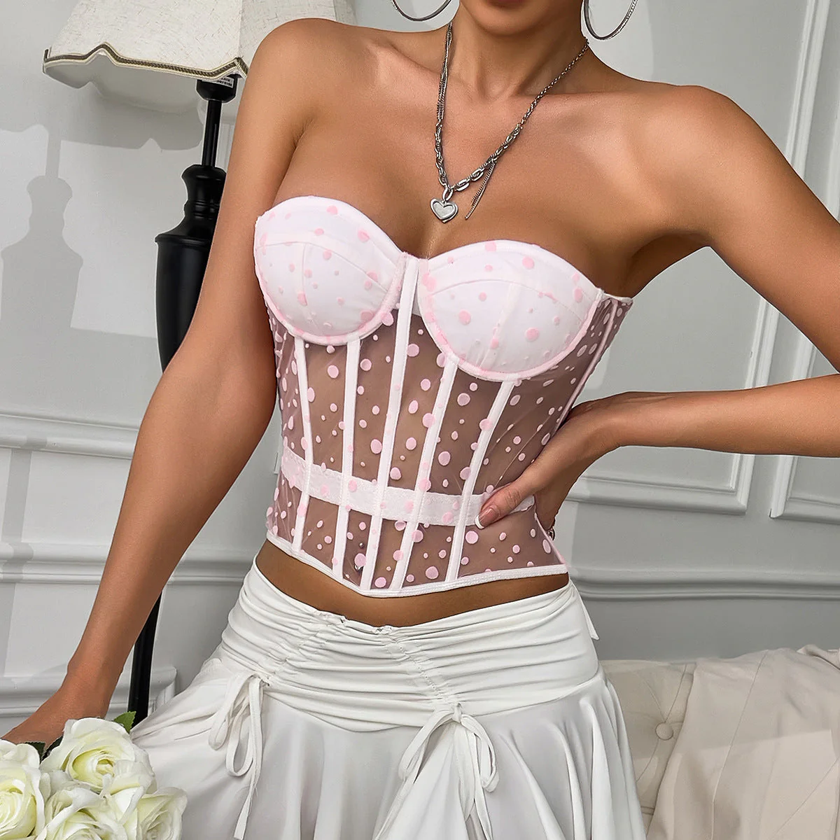 Polka dot sweetheart neck corset tube top - Image 2