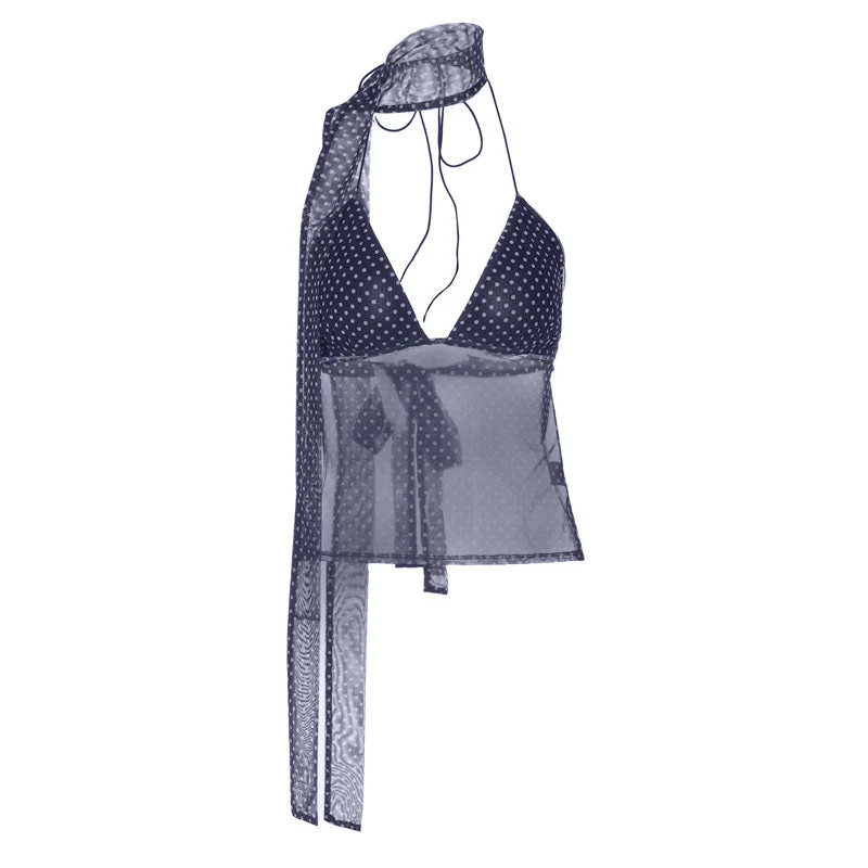 Polka dot v neck halter self tie mesh top - Image 4