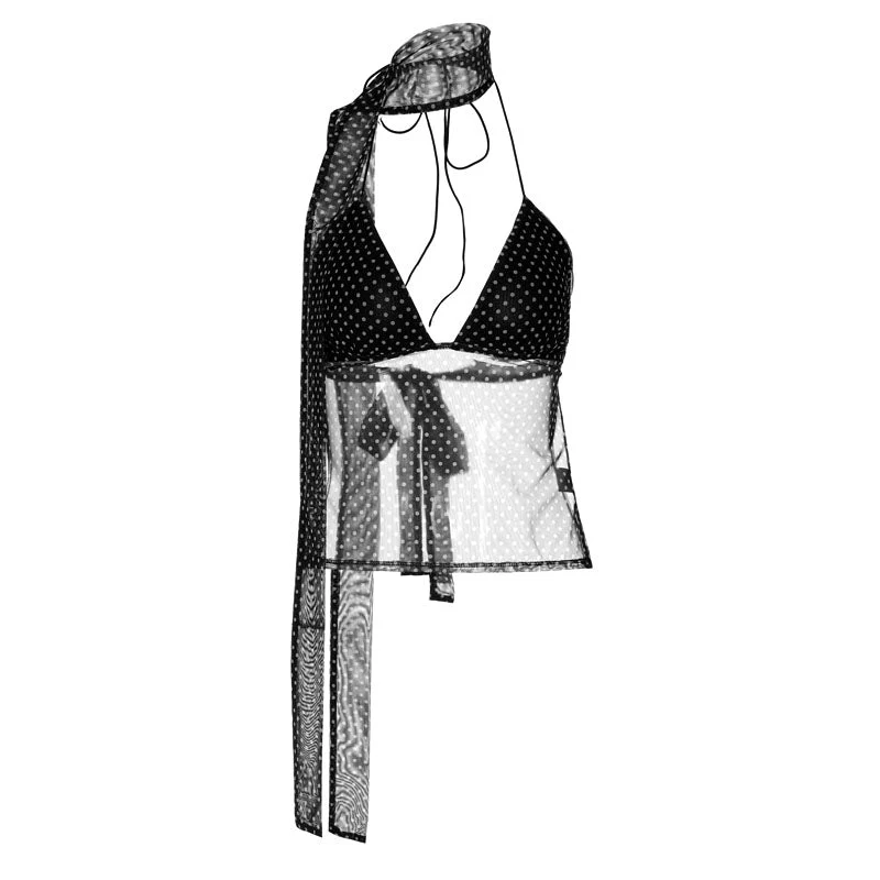 Polka dot v neck halter self tie mesh top - Image 5