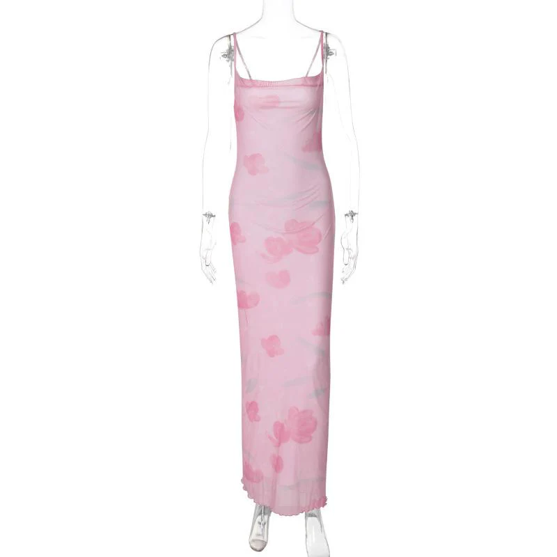 Print mesh knotted backless cami maxi dress - Image 2