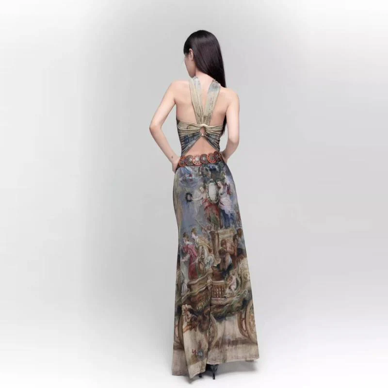 Print ruched backless o ring maxi dress - Image 4