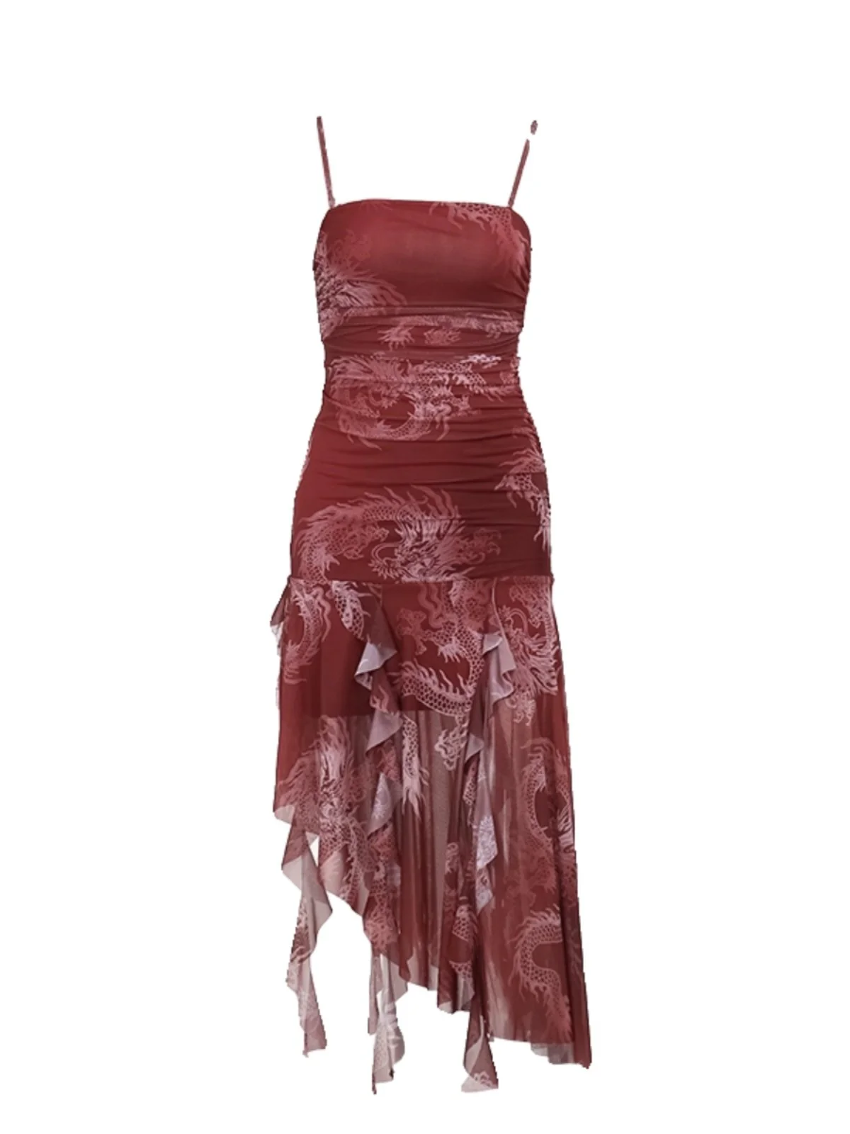 Print ruffle mesh ruched irregular cami midi dress - Image 4