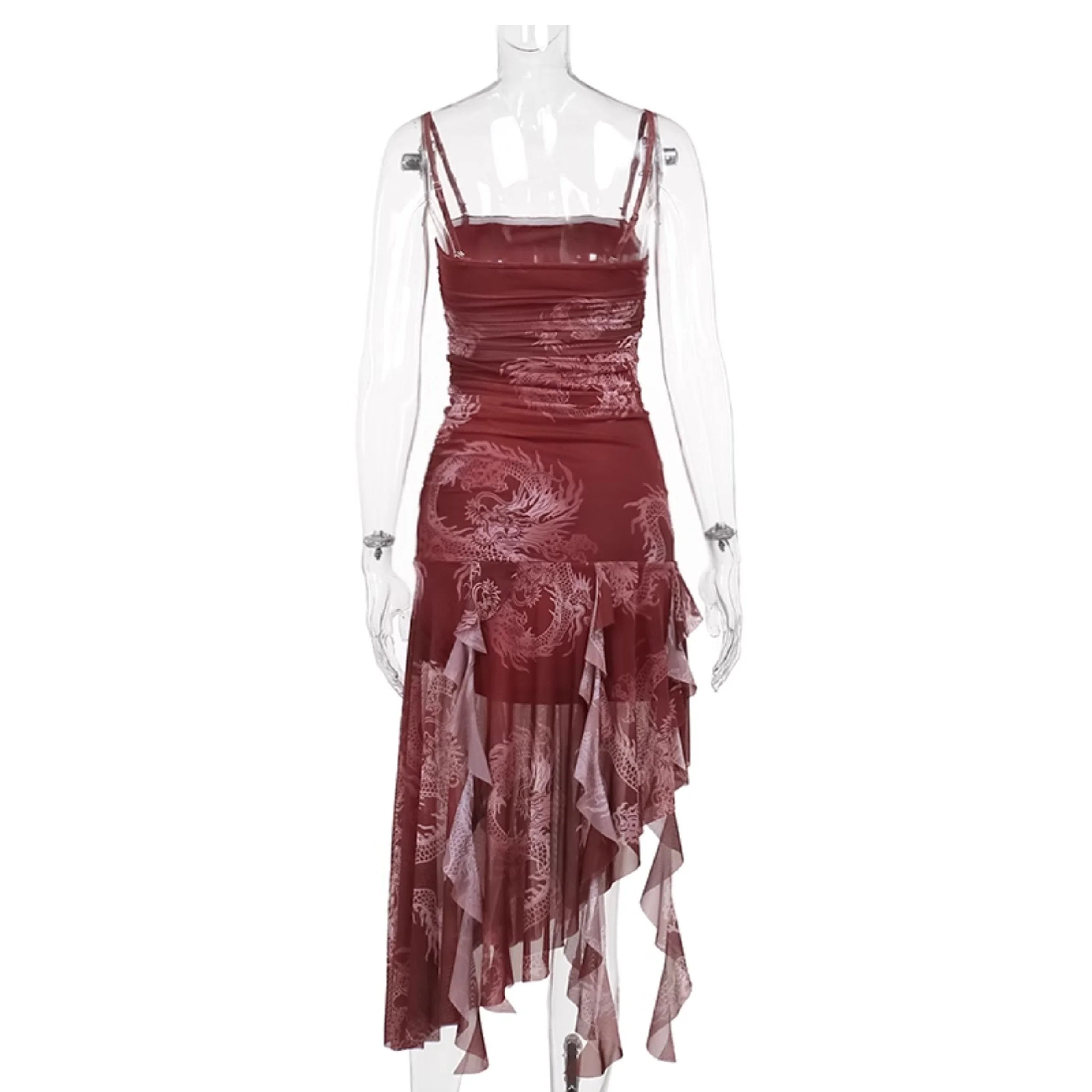 Print ruffle mesh ruched irregular cami midi dress - Image 7