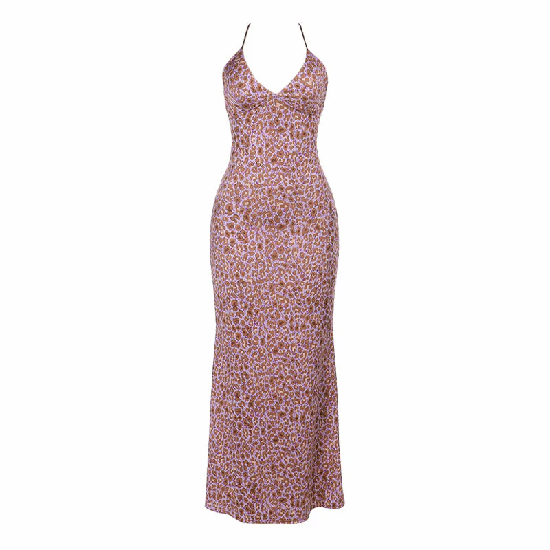 Print v neck cross back backless maxi dress