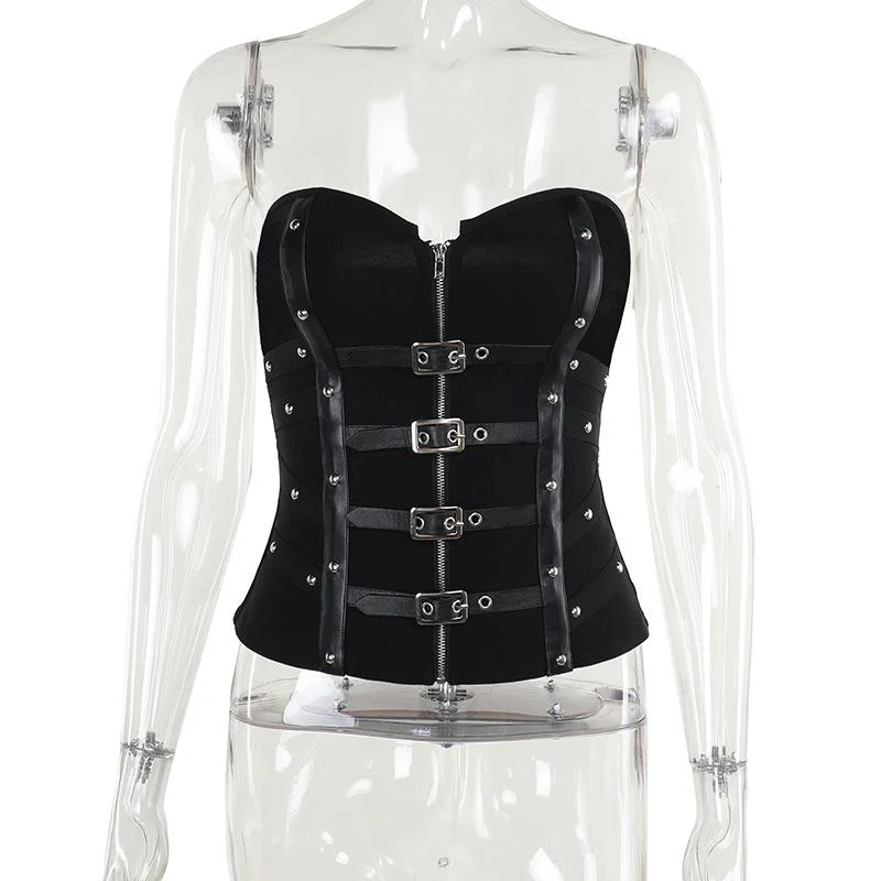 PU leather patchwork buckle zip-up tube top - Image 7